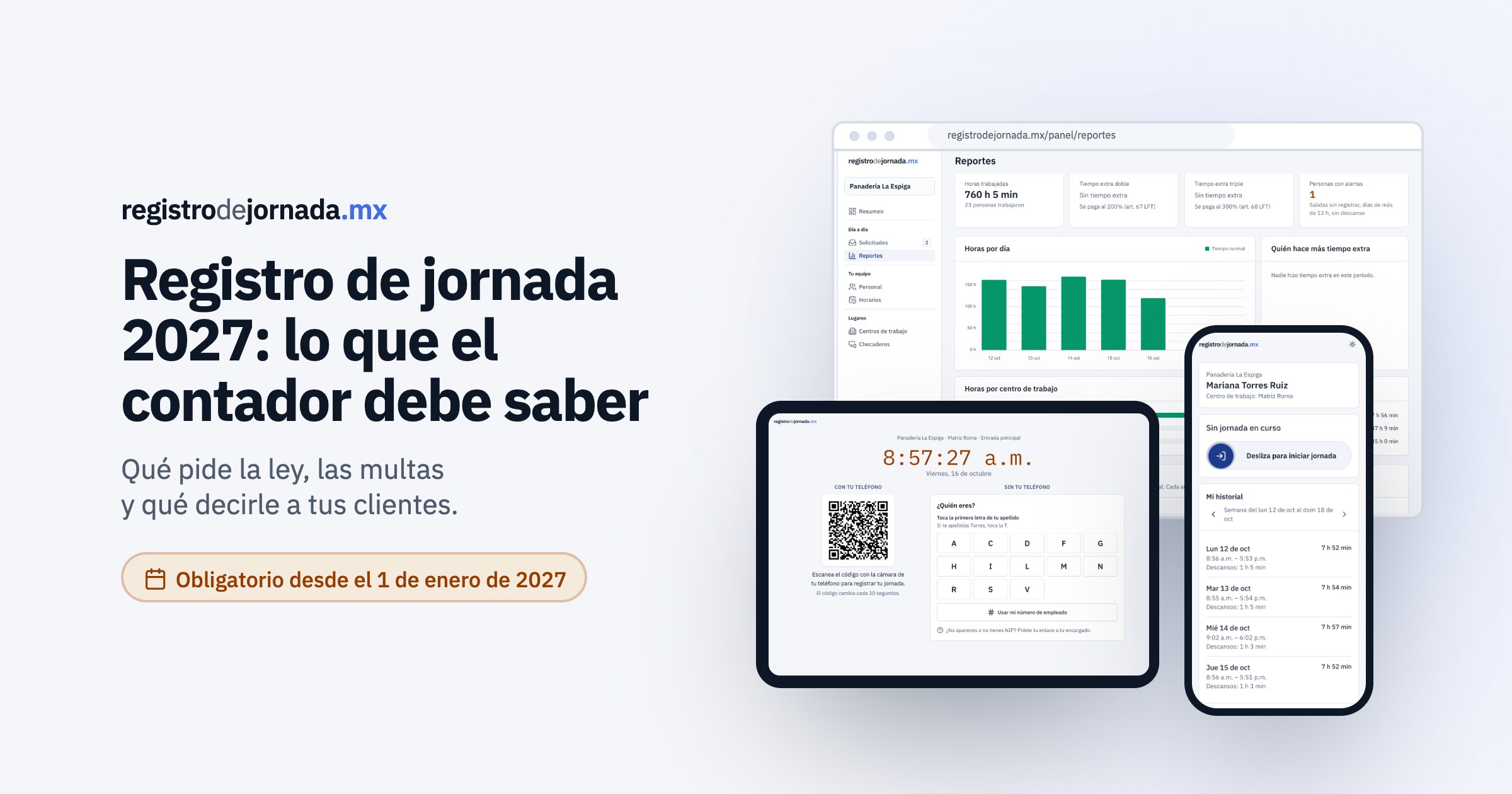registrodejornada.mx en una computadora, un checador y un celular: reportes de horas, el registro con código QR y el historial de una persona trabajadora.